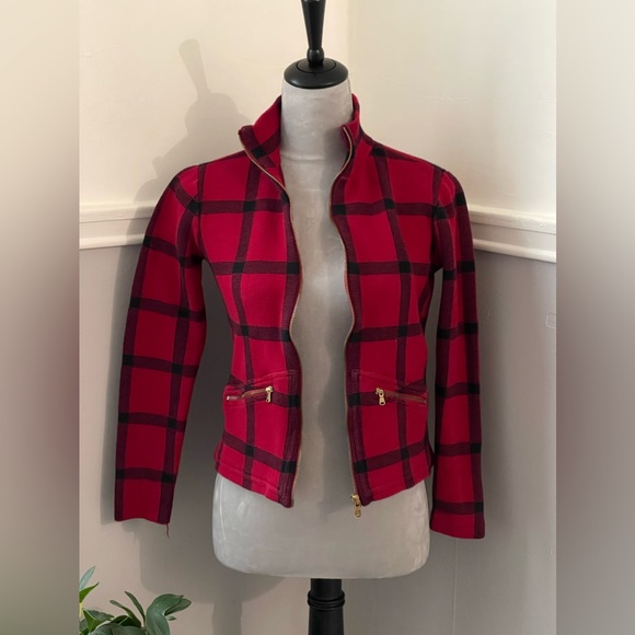 Lauren Ralph Lauren Red & Black Plaid Zip Up Sweater - Picture 2 of 9